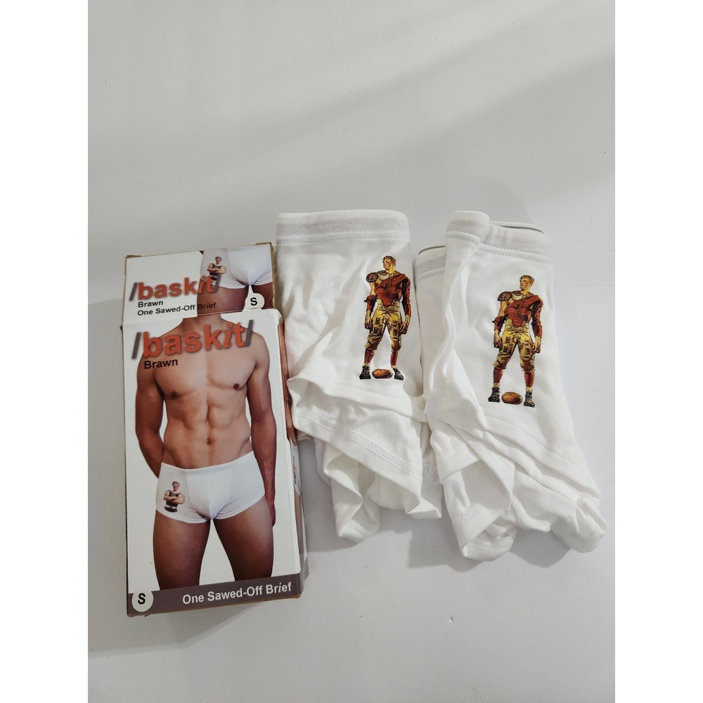 Baskit Brawn Sawed-Off Brief White‎ Football Graphic Vintage Mens Small